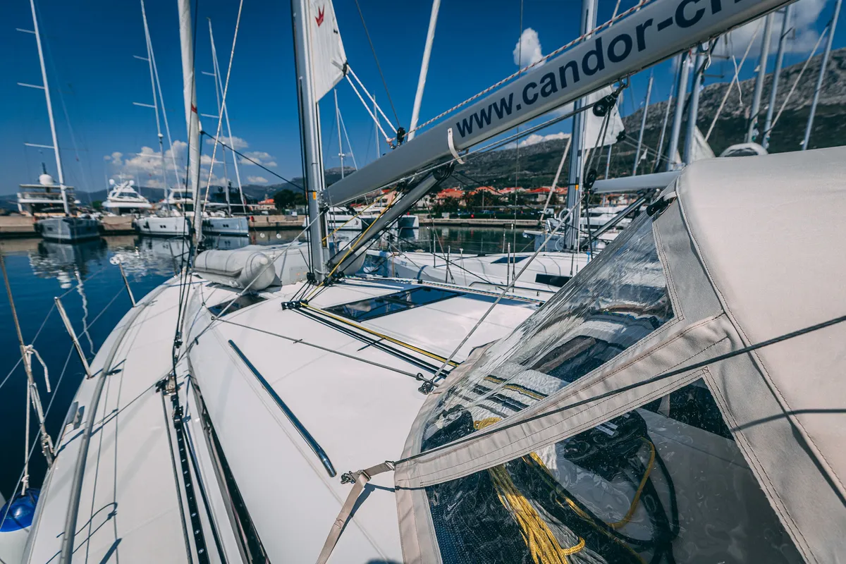 Exterior view of Mikkamakka, a Jeanneau Sun Odyssey 440 sailboat at Kaštela, Croatia