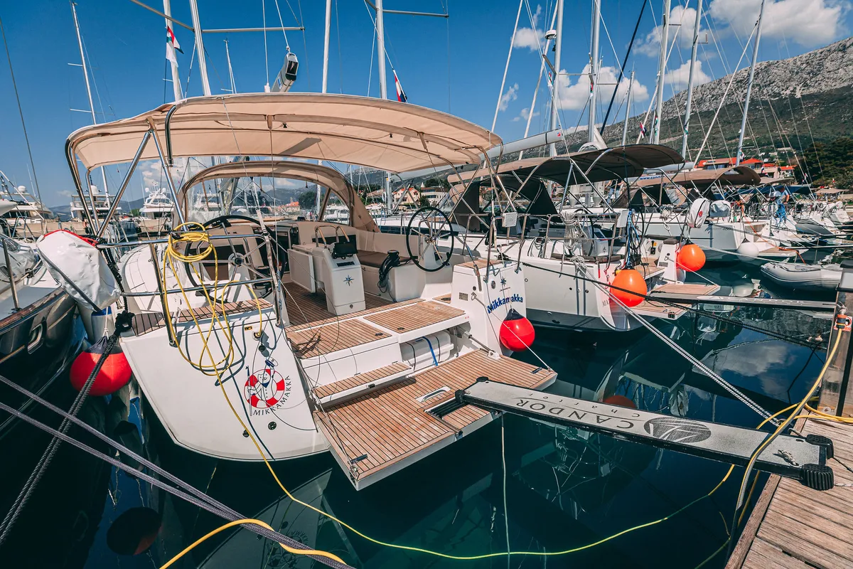 Exterior view of Mikkamakka, a Jeanneau Sun Odyssey 440 sailboat at Kaštela, Croatia