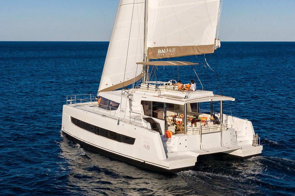 Exterior view of Freedom, a Bali 4.8 catamaran at Road Town, British Virgin Islands