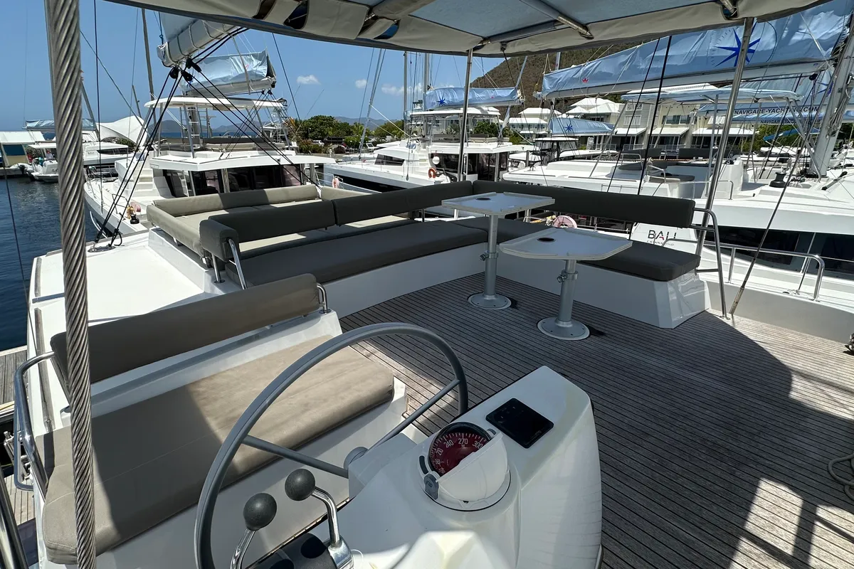 Exterior view of Freedom, a Bali 4.8 catamaran at Road Town, British Virgin Islands