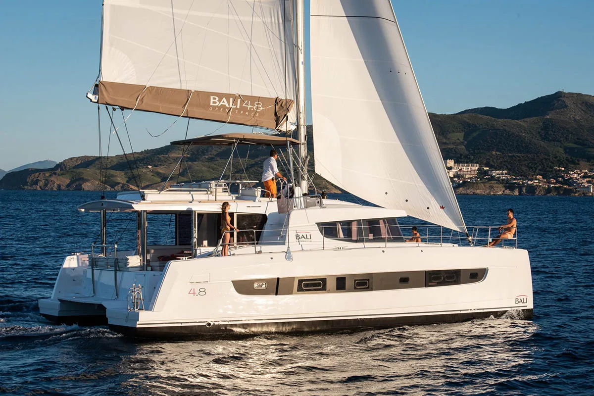 Exterior view of Freedom, a Bali 4.8 catamaran at Road Town, British Virgin Islands