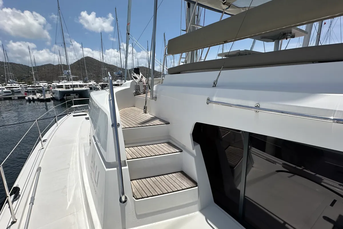 Exterior view of Freedom, a Bali 4.8 catamaran at Road Town, British Virgin Islands