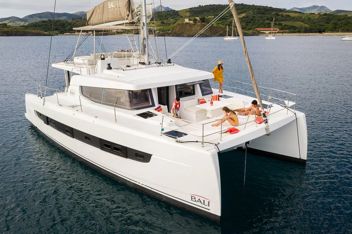 Exterior view of Freedom, a Bali 4.8 catamaran at Road Town, British Virgin Islands