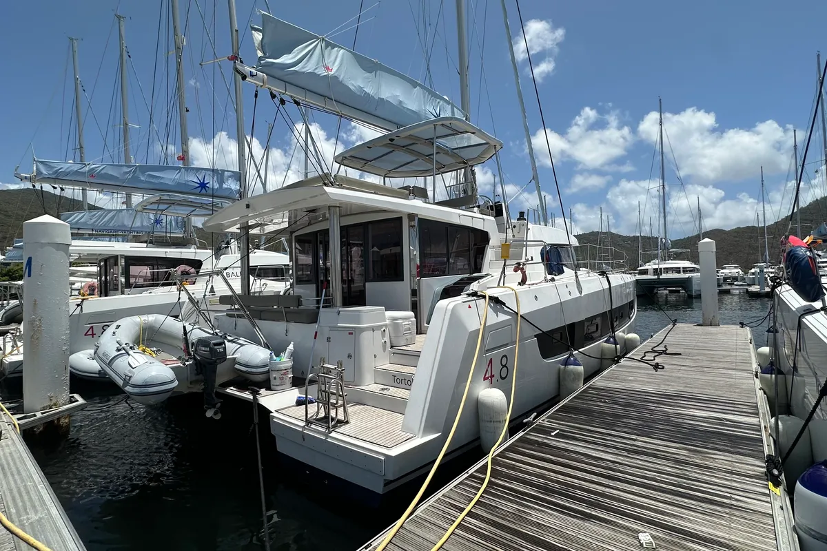 Exterior view of Freedom, a Bali 4.8 catamaran at Parham Town, British Virgin Islands