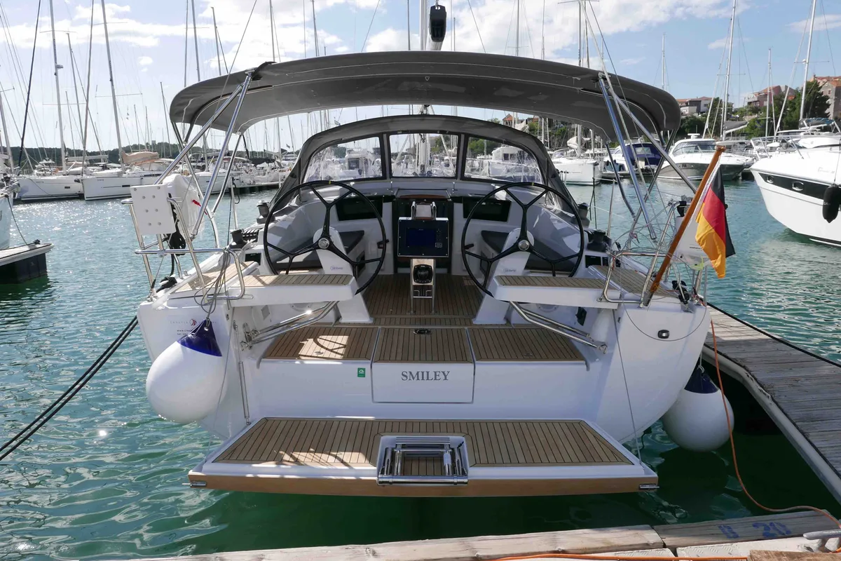 Exterior view of Smiley, a Hanse 388 sailboat at Grad Šibenik, Croatia