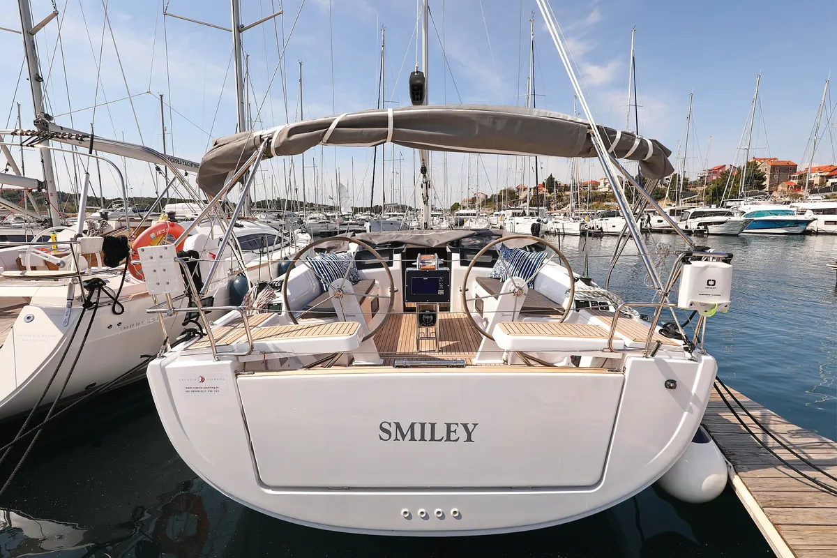 Exterior view of Smiley, a Hanse 388 sailboat at Grad Šibenik, Croatia