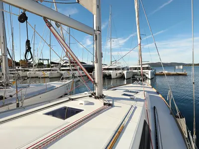 Deck of Barbarella II, a Beneteau Oceanis 45 sailboat at Grad Trogir, Croatia