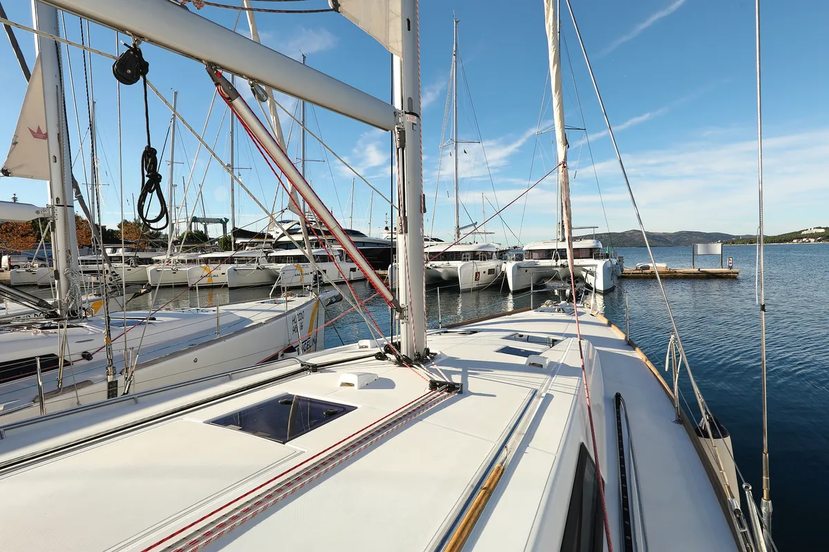 Deck of Barbarella II, a Beneteau Oceanis 45 sailboat at Grad Trogir, Croatia