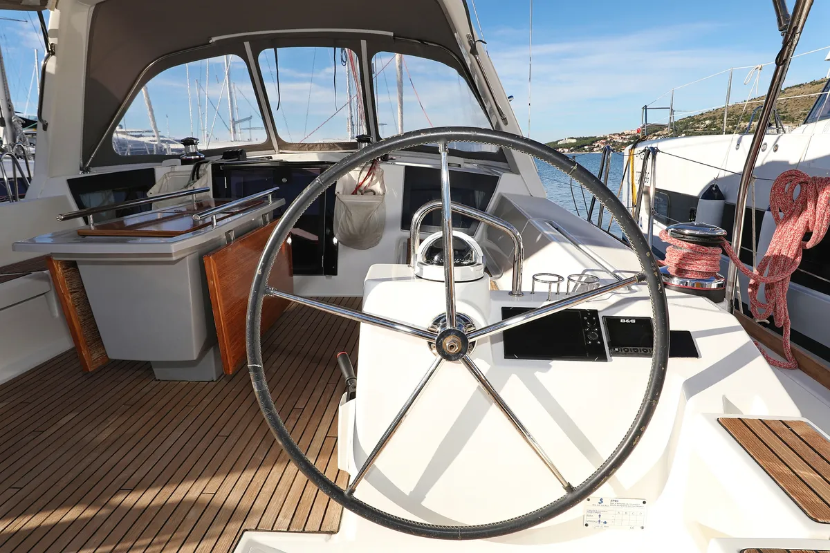 Cockpit of Barbarella II, a Beneteau Oceanis 45 sailboat at Grad Trogir, Croatia