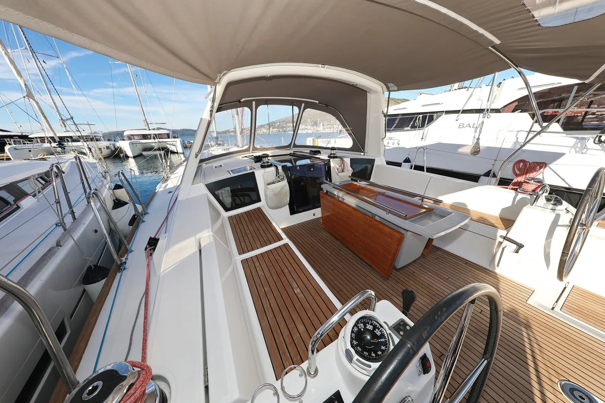 Cockpit of Barbarella II, a Beneteau Oceanis 45 sailboat at Grad Trogir, Croatia