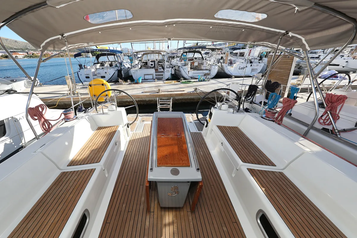 Cockpit of Barbarella II, a Beneteau Oceanis 45 sailboat at Grad Trogir, Croatia