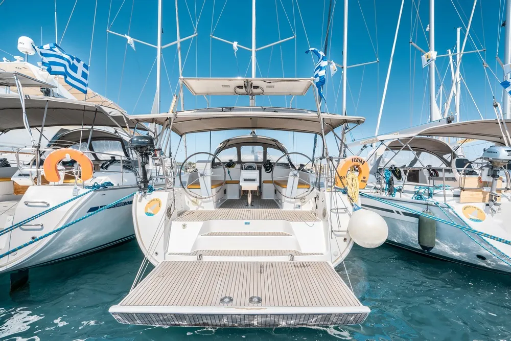 Exterior view of Fedias, a Bavaria Cruiser 46 sailboat at Rhodes, Greece