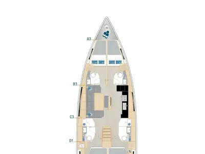 Floor plan of Okeanida, a Hanse 460 sailboat at Lavrion, Greece