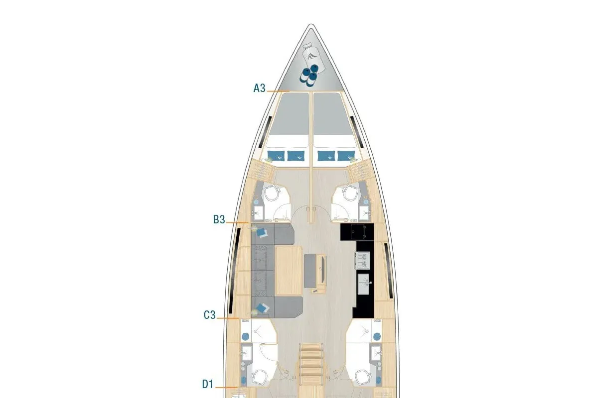 Floor plan of Okeanida, a Hanse 460 sailboat at Lavrion, Greece