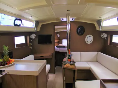 Salon of Diamanti I, a Beneteau Oceanis 41.1 sailboat at Skiathos, Greece