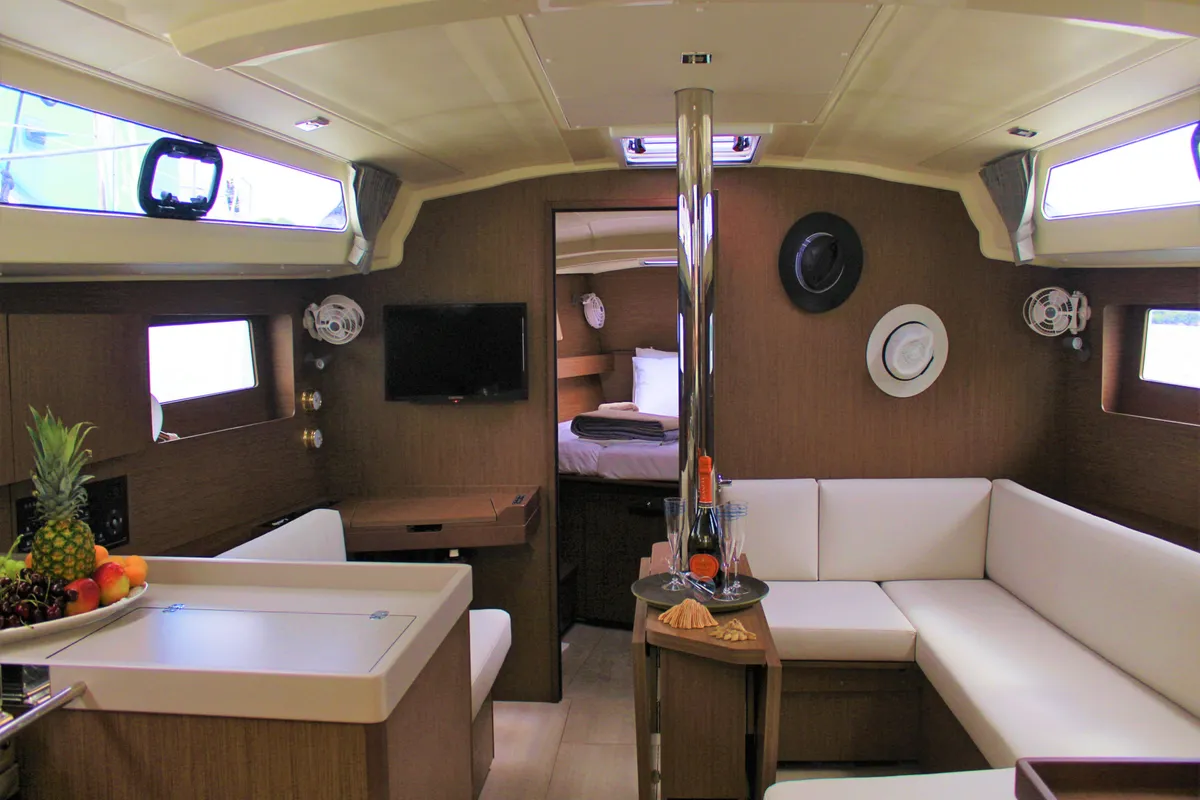 Salon of Diamanti I, a Beneteau Oceanis 41.1 sailboat at Skiathos, Greece