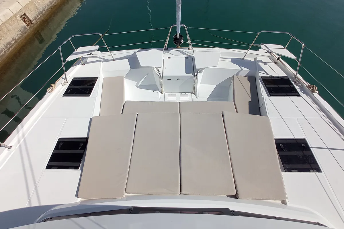 Deck of Sailin, a Bali Catspace catamaran at Seget Donji, Croatia