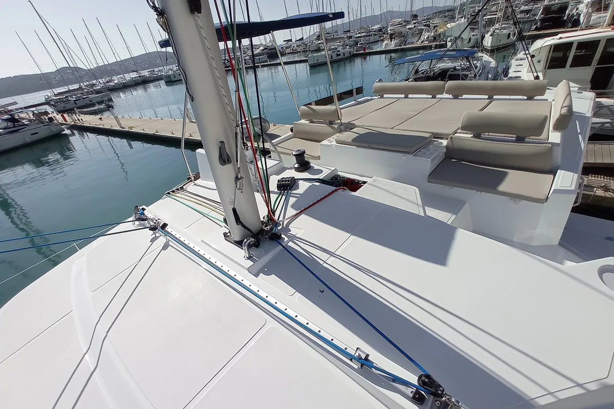 Deck of Sailin, a Bali Catspace catamaran at Seget Donji, Croatia