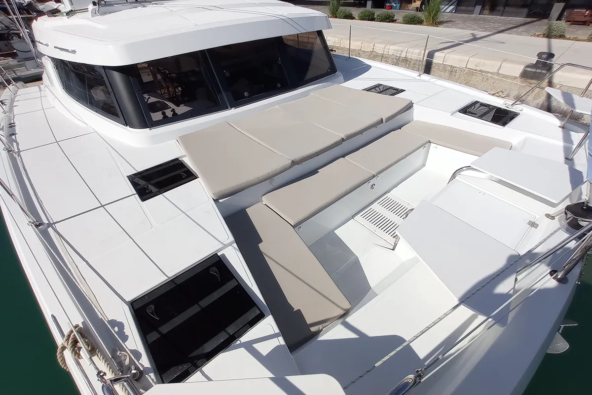 Deck of Sailin, a Bali Catspace catamaran at Seget Donji, Croatia