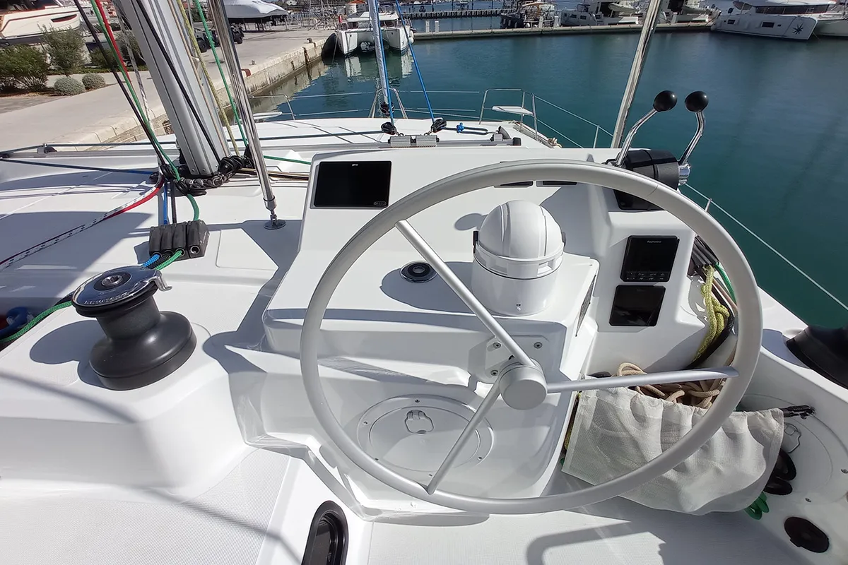 Cockpit of Sailin, a Bali Catspace catamaran at Seget Donji, Croatia