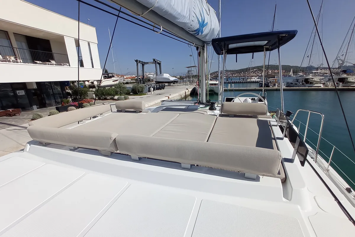 Deck of Sailin, a Bali Catspace catamaran at Seget Donji, Croatia