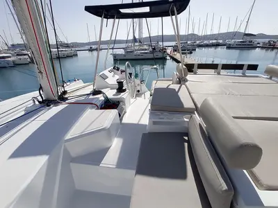 Cockpit of Sailin, a Bali Catspace catamaran at Seget Donji, Croatia