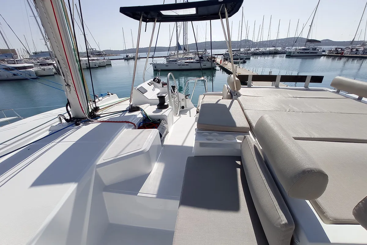 Cockpit of Sailin, a Bali Catspace catamaran at Seget Donji, Croatia