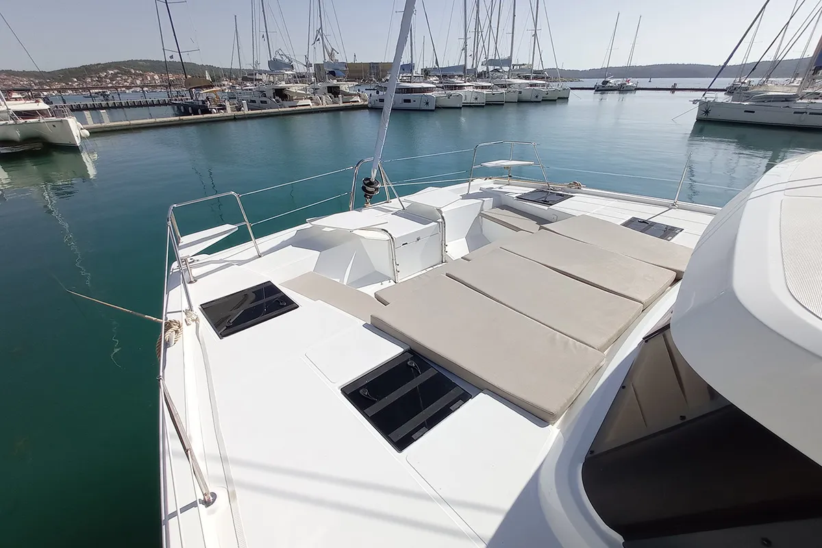 Deck of Sailin, a Bali Catspace catamaran at Seget Donji, Croatia