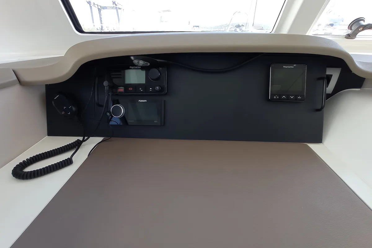 Cockpit of Sailin, a Bali Catspace catamaran at Seget Donji, Croatia