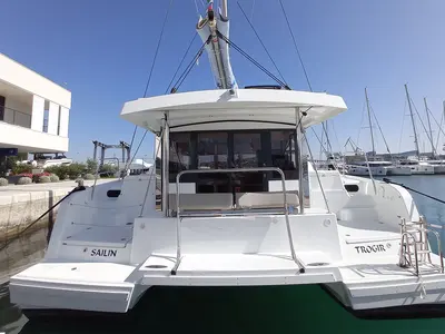 Deck of Sailin, a Bali Catspace catamaran at Seget Donji, Croatia