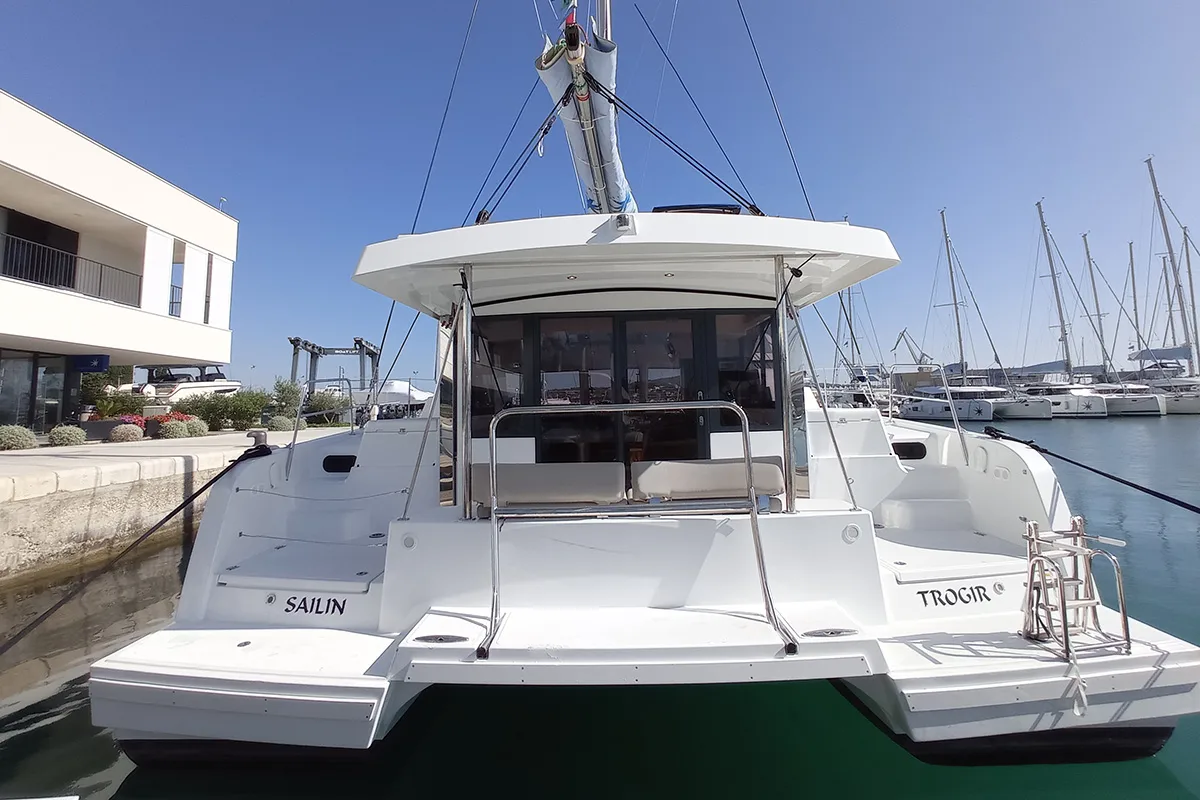 Deck of Sailin, a Bali Catspace catamaran at Seget Donji, Croatia