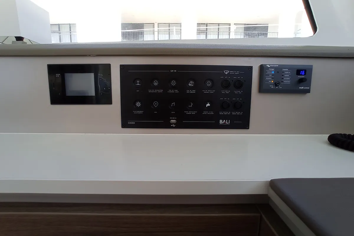 Cockpit of Sailin, a Bali Catspace catamaran at Seget Donji, Croatia