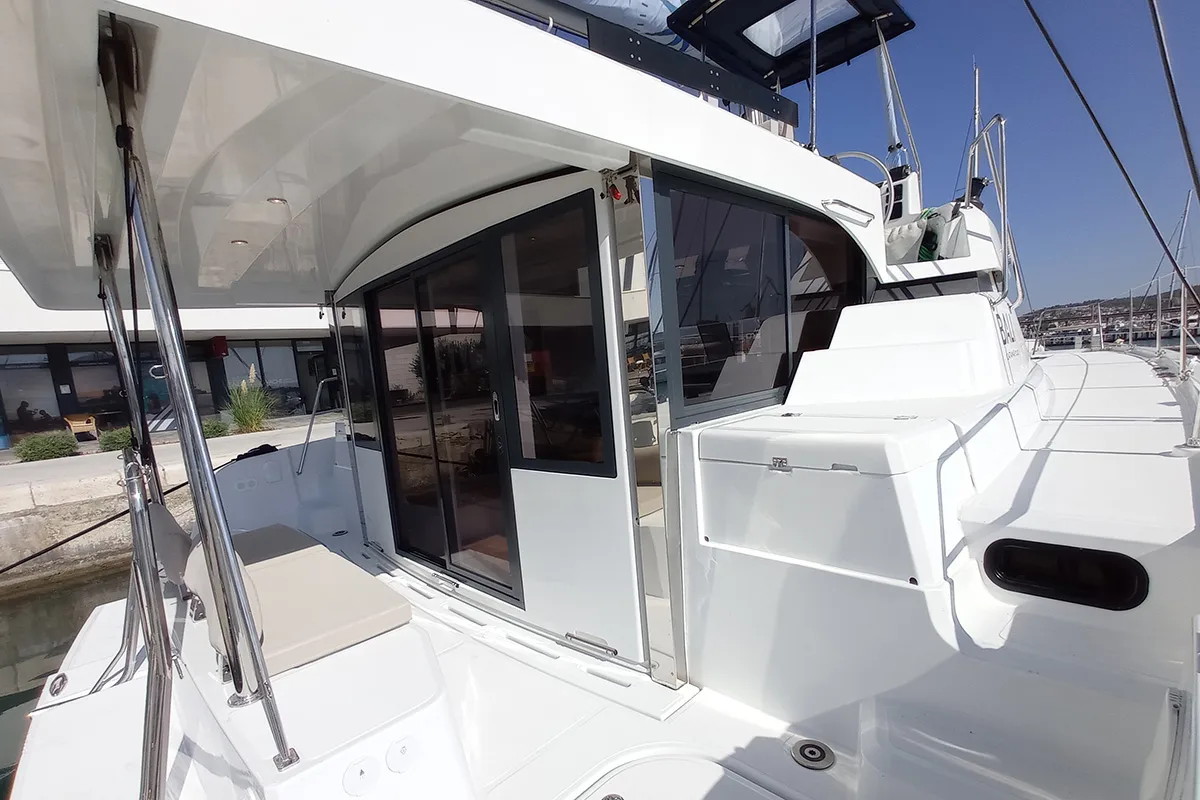 Deck of Sailin, a Bali Catspace catamaran at Seget Donji, Croatia