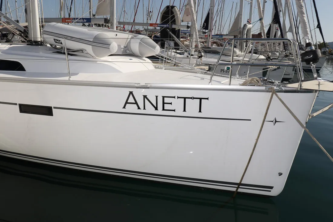 Exterior view of Anett, a Bavaria Cruiser 46 sailboat at Biograd na Moru, Croatia