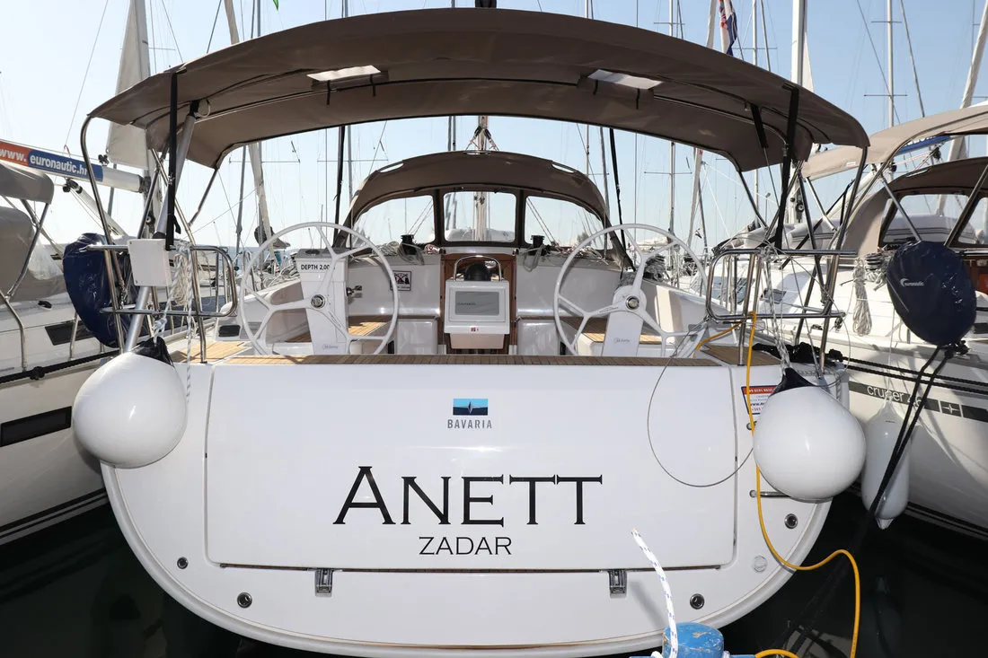 Exterior view of Anett, a Bavaria Cruiser 46 sailboat at Biograd na Moru, Croatia