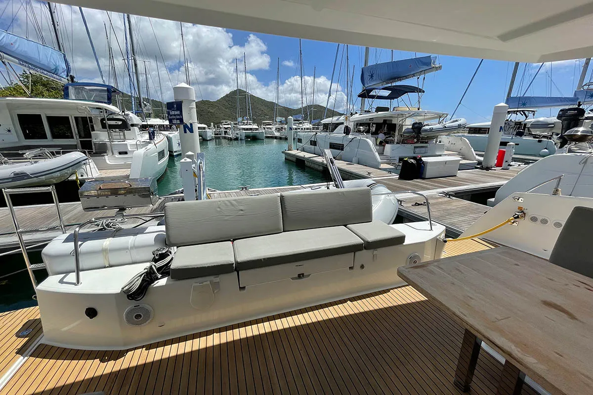 Deck of Jaxnjoe com, a Fountaine Pajot Lucia 40 catamaran at Road Town, British Virgin Islands