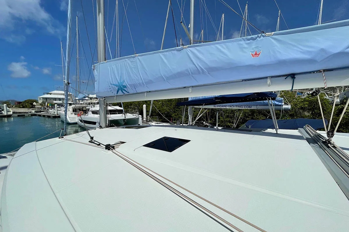 Deck of Jaxnjoe com, a Fountaine Pajot Lucia 40 catamaran at Road Town, British Virgin Islands