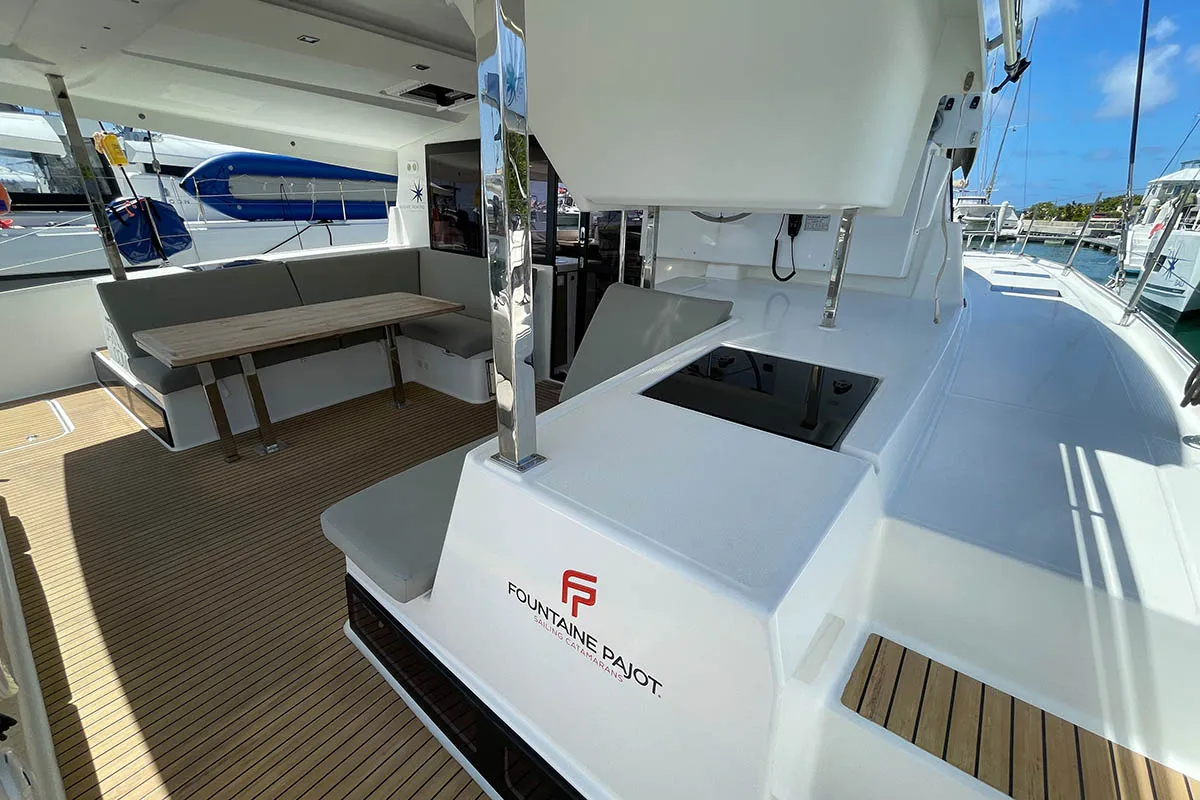 Deck of Jaxnjoe com, a Fountaine Pajot Lucia 40 catamaran at Road Town, British Virgin Islands
