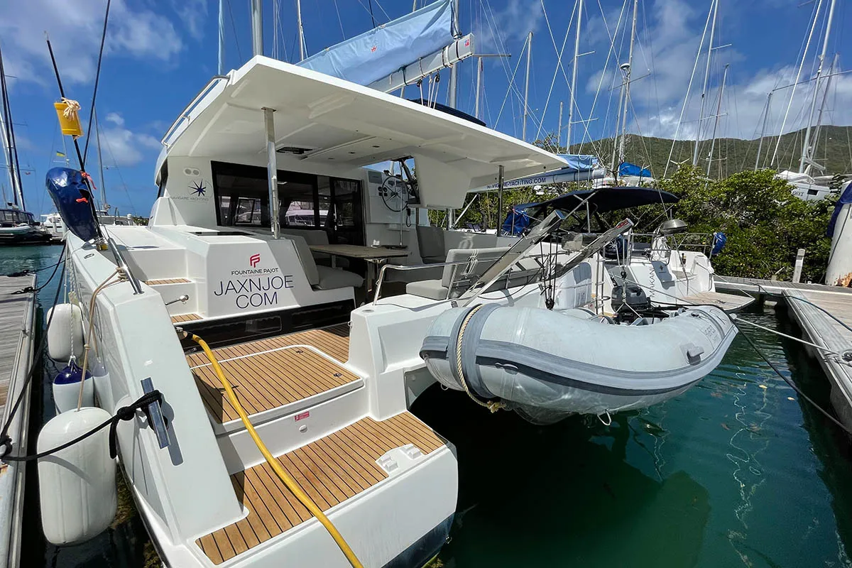 Exterior view of Jaxnjoe com, a Fountaine Pajot Lucia 40 catamaran at Road Town, British Virgin Islands