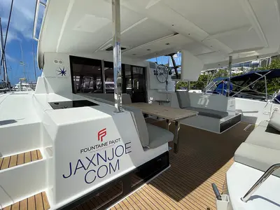Deck of Jaxnjoe com, a Fountaine Pajot Lucia 40 catamaran at Road Town, British Virgin Islands