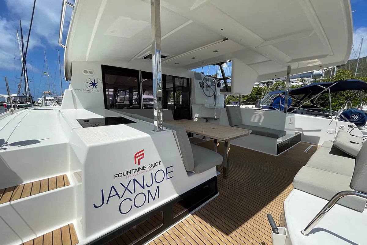 Deck of Jaxnjoe com, a Fountaine Pajot Lucia 40 catamaran at Road Town, British Virgin Islands