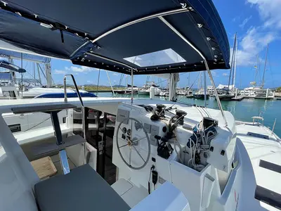 Cockpit of Jaxnjoe com, a Fountaine Pajot Lucia 40 catamaran at Road Town, British Virgin Islands