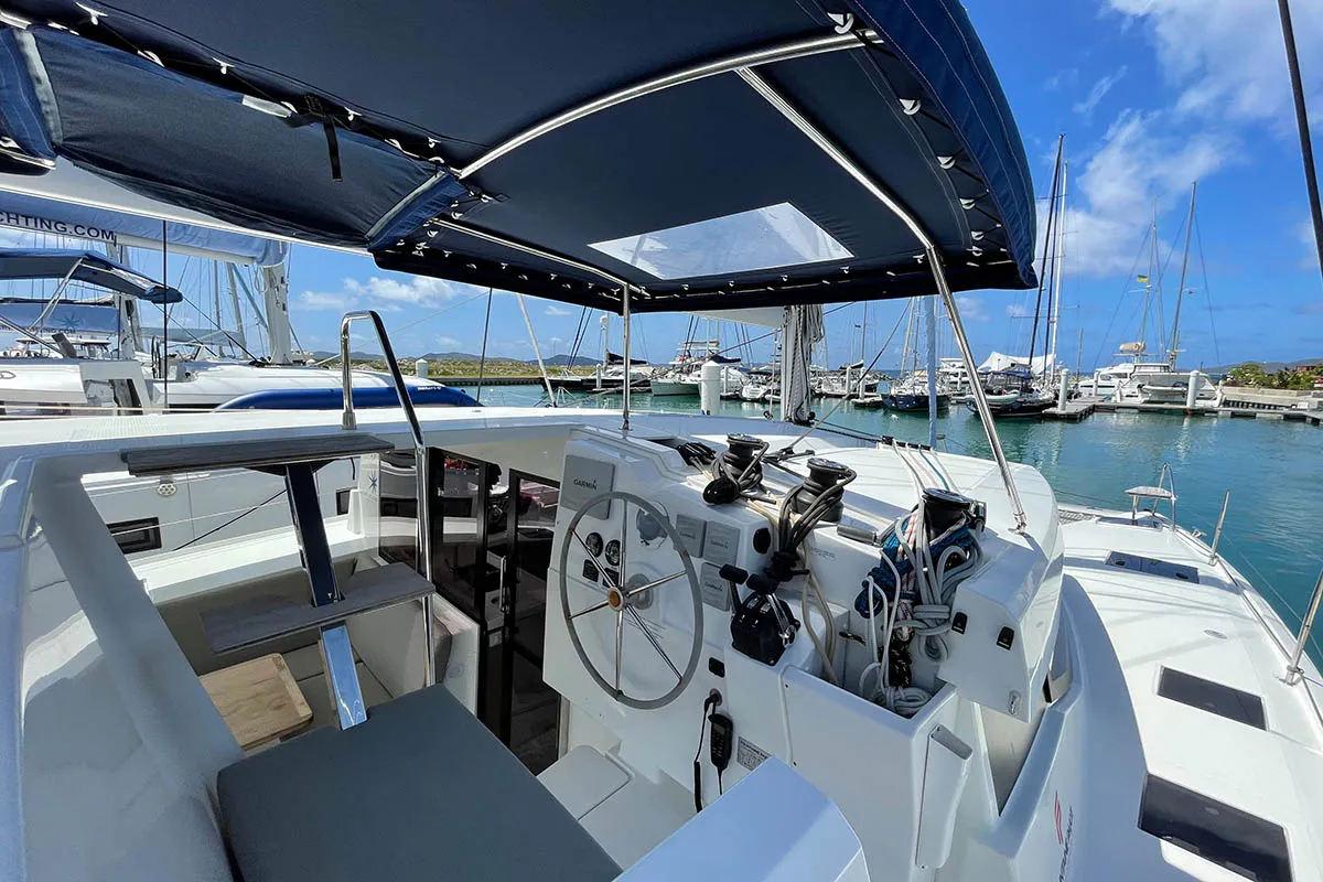 Cockpit of Jaxnjoe com, a Fountaine Pajot Lucia 40 catamaran at Road Town, British Virgin Islands