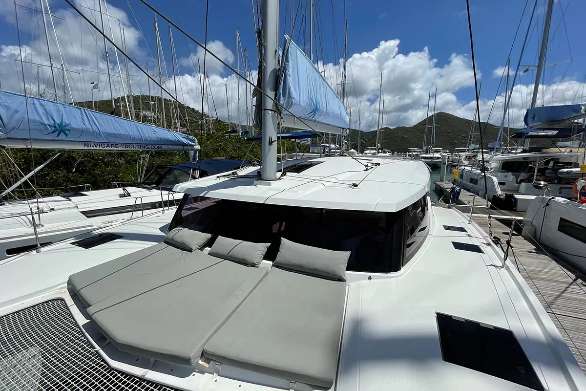 Deck of Jaxnjoe com, a Fountaine Pajot Lucia 40 catamaran at Road Town, British Virgin Islands