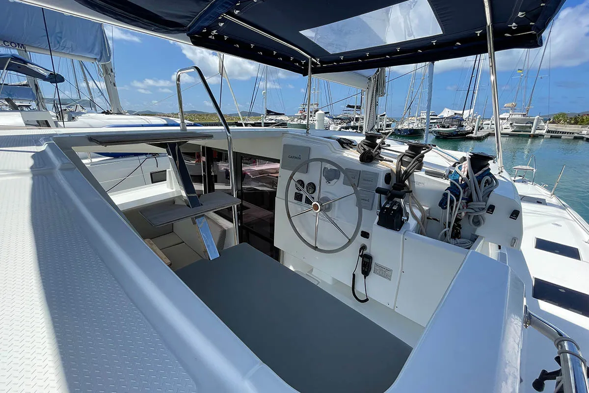 Cockpit of Jaxnjoe com, a Fountaine Pajot Lucia 40 catamaran at Road Town, British Virgin Islands