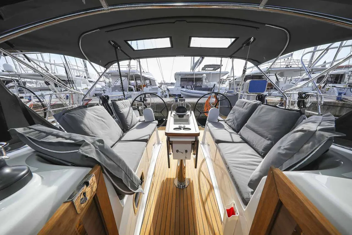 Cockpit of Funky 4ever, a Bavaria Cruiser 34 sailboat at Grad Biograd na Moru, Croatia