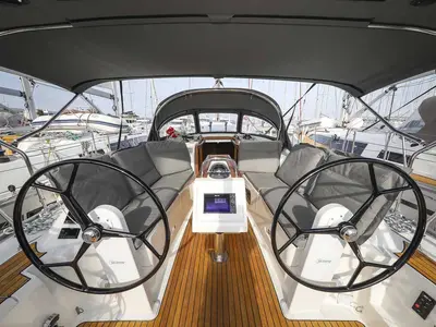 Cockpit of Funky 4ever, a Bavaria Cruiser 34 sailboat at Grad Biograd na Moru, Croatia