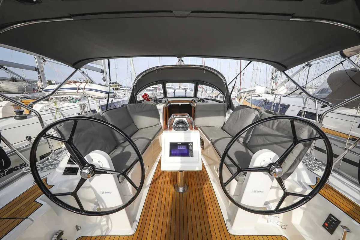 Cockpit of Funky 4ever, a Bavaria Cruiser 34 sailboat at Grad Biograd na Moru, Croatia