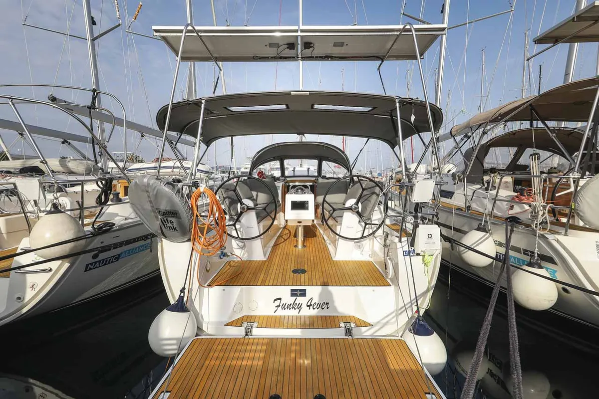 Exterior view of Funky 4ever, a Bavaria Cruiser 34 sailboat at Grad Biograd na Moru, Croatia