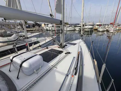 Deck of Funky 4ever, a Bavaria Cruiser 34 sailboat at Grad Biograd na Moru, Croatia